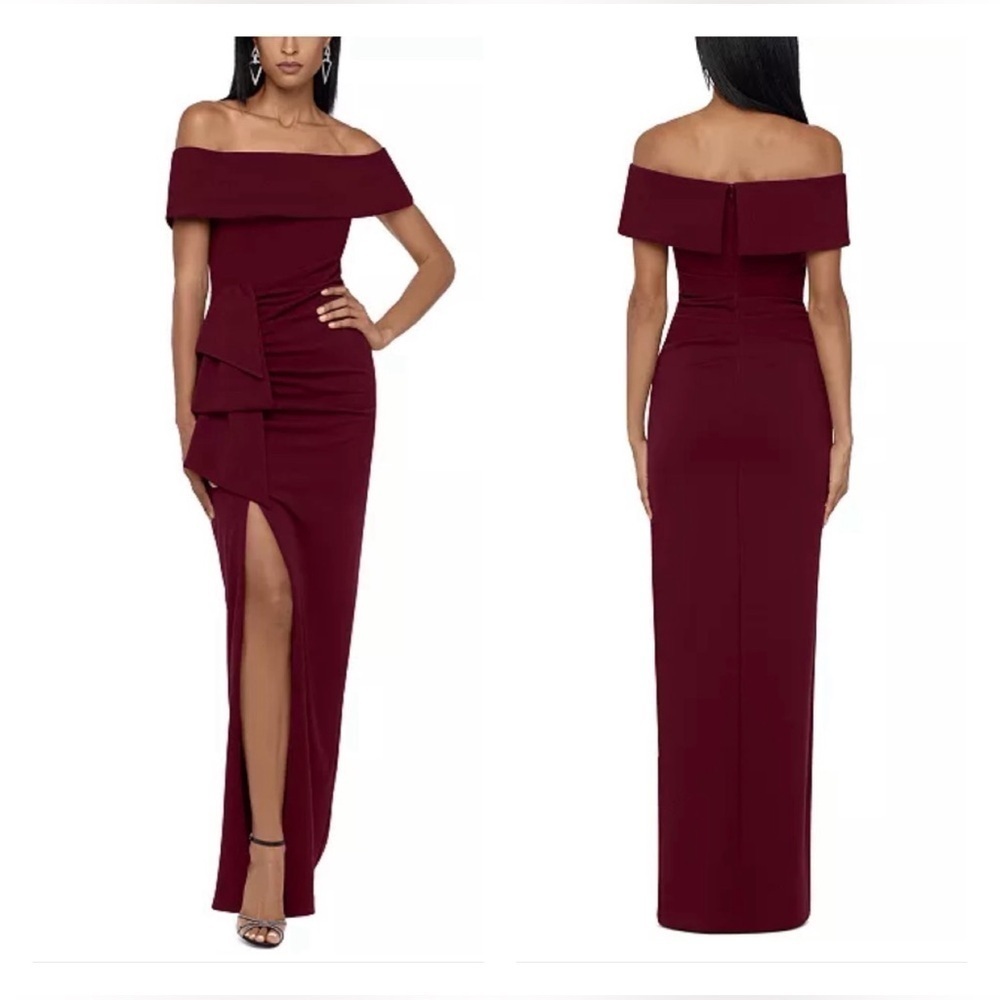 Xscape "PATTI" LONG OFF THE SHOULDER SCUBA CREPE DRESS in Burgandy
